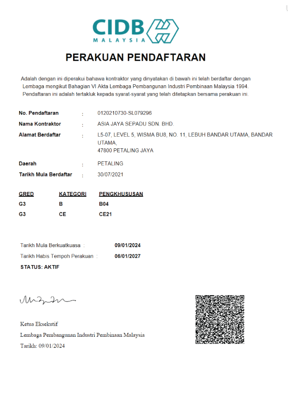CIDB certificate roofing Malaysia